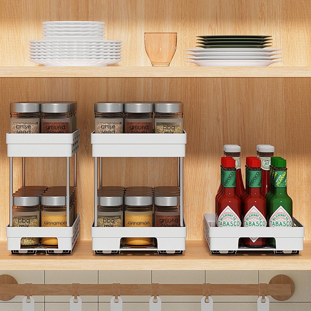 2 Tier Pull Out Plastic Storage Rack Large Capacity Kitchen Cabinet Storage Organizer Drawer Spice Jar Storage Shelves