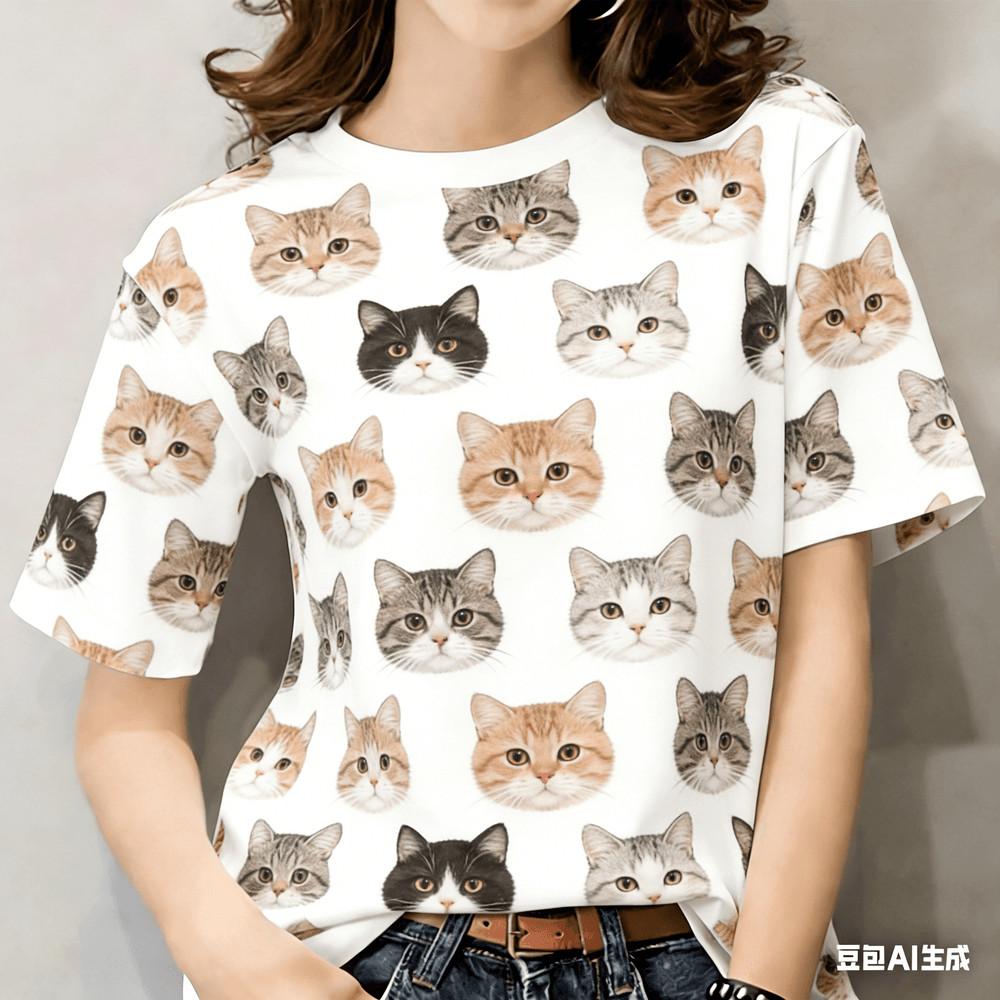 

Women s casual T-shirt - short sleeved flower and cat print | streetwear 5XL