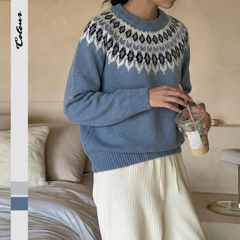 2026 Autumn/Winter Ethnic Style Fair Isle Long Sleeve Round Neck Sweater