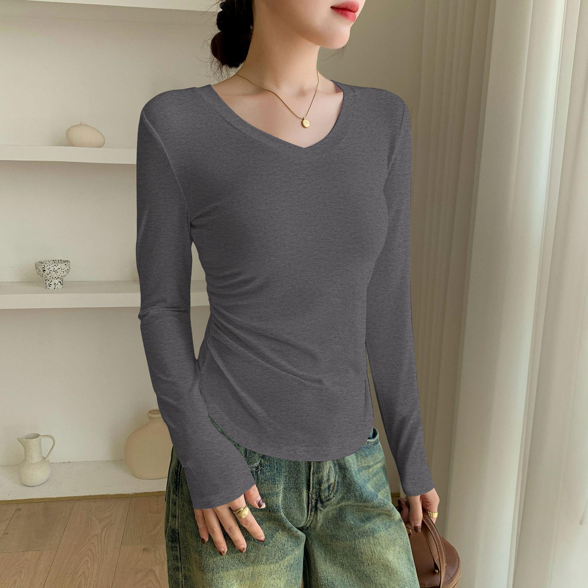 

Женская осенне-зимняя модальная рубашка с V-образным вырезом и длинным рукавом - приталенная, дугообразный низ M (90-102 jin)