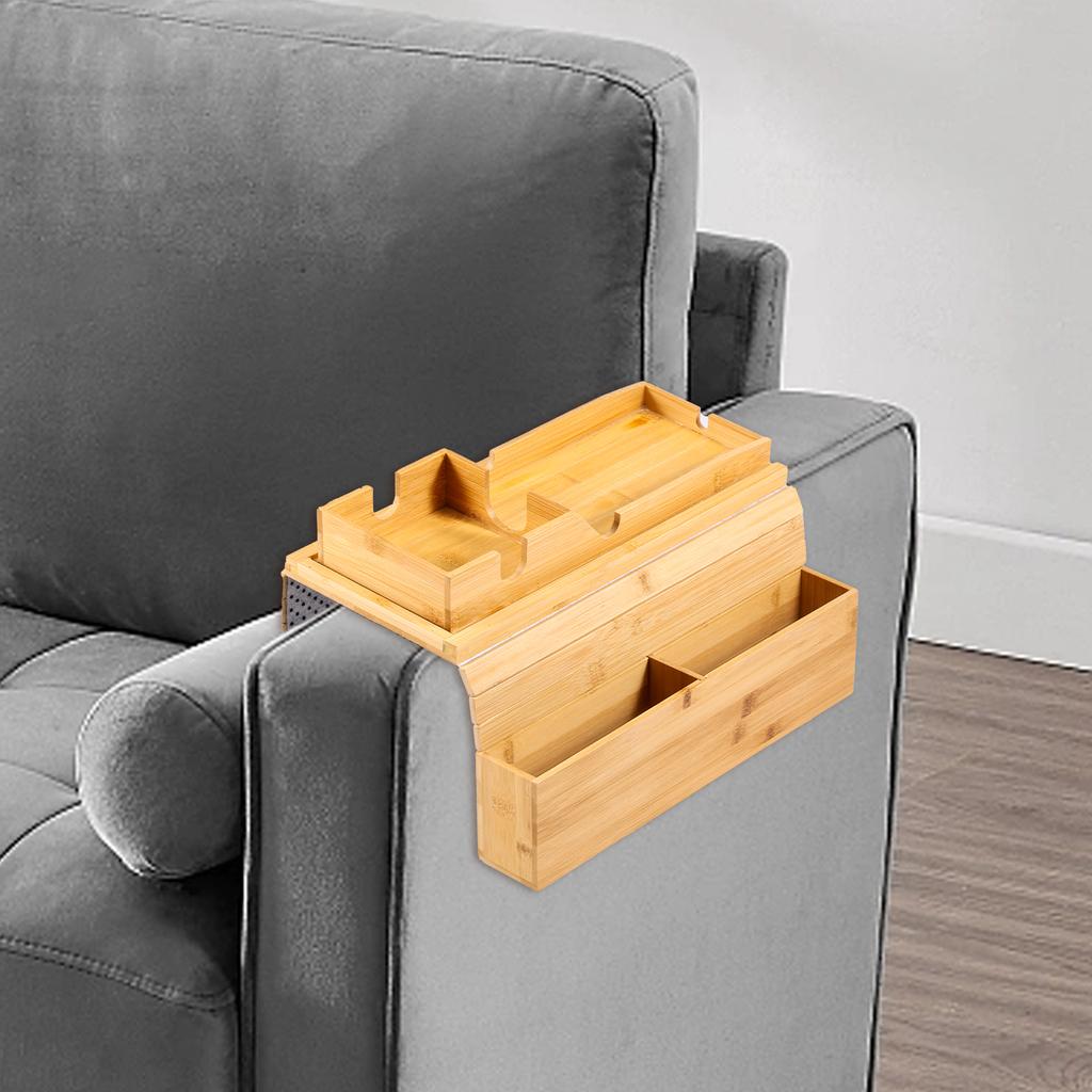 Bamboo Couch Cup Holder with Side Storage Pocket Versatile Couch Arm Tray Organizer Non Slip Practical Sofa Armrest Tray Table