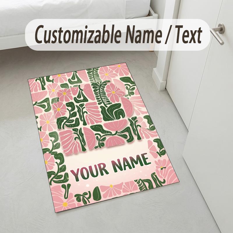 Floral Garden Theme Crystal Velvet Rug Personalized Custom Name Text Soft Floor Mat Home Decor