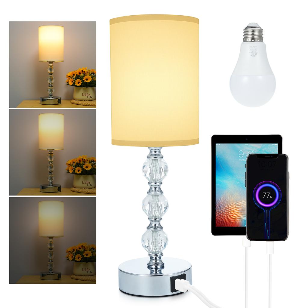 Luxury Crystal Bedside Table Lamp Bedroom Nightstand Lamp with 3000K Warm Light Bulb Fabric