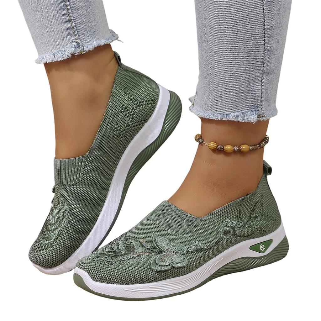 Women's Plus Size Casual Slip On Shoes Butterfly Embroidery Flyknit Mesh Lightweight Breathable Walking Sneakers for Everyday Wear