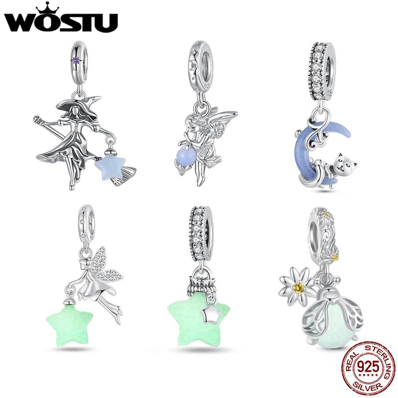WOSTU Original 925 Sterling Silver Glowing Angel Pendant Magic Elves Witch Luminous Charms for Bracelet Necklace DIY Jewelry
