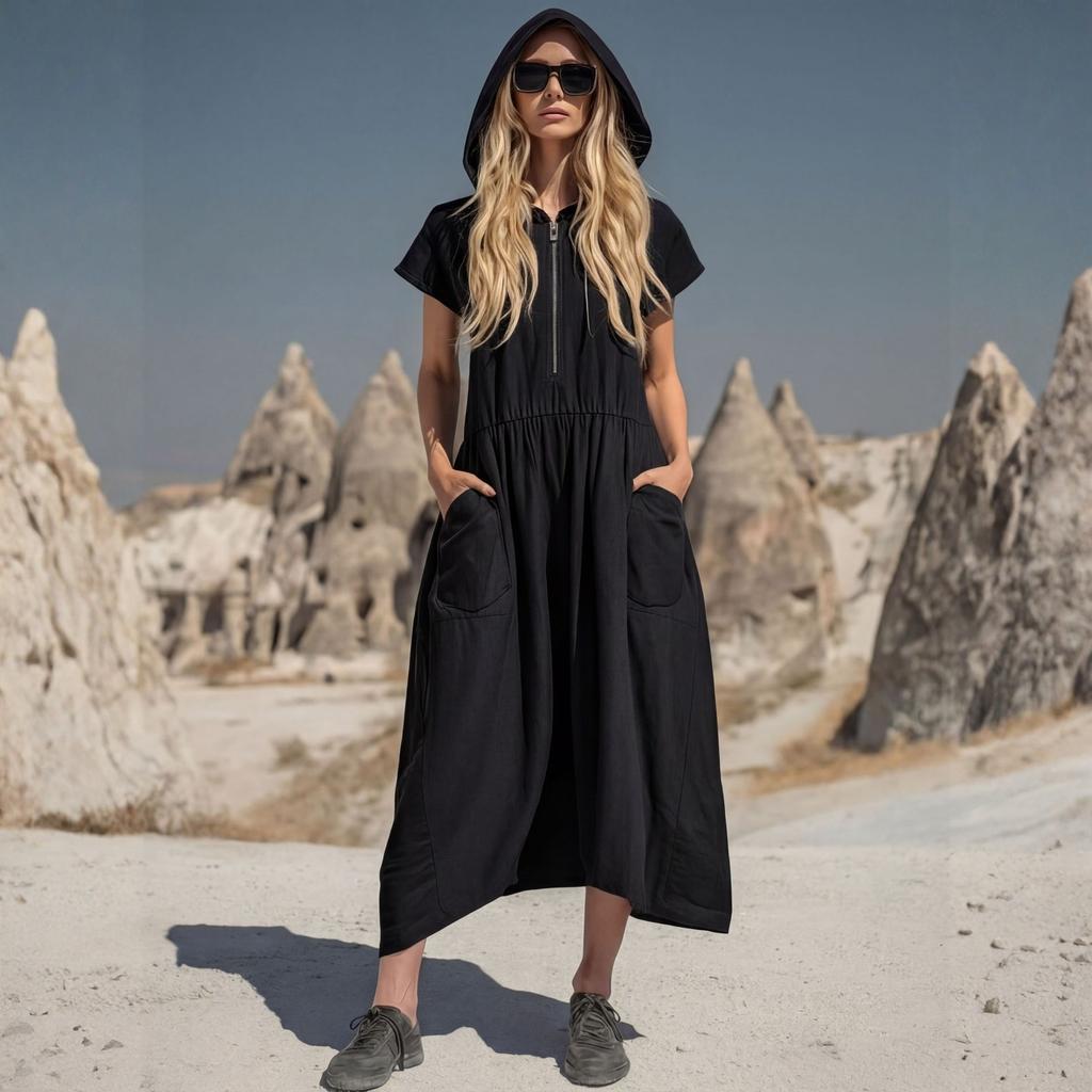 Damen Vintage Baumwoll-Leinen Kapuzen-Halbreißverschluss Mittellanges Kleid
