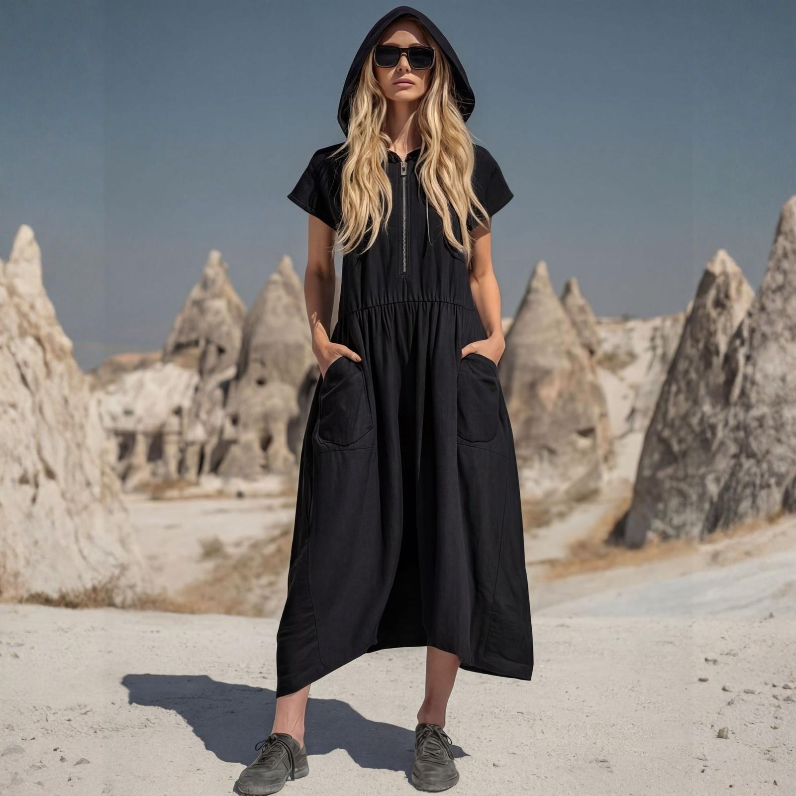 

Women s Vintage Cotton And Linen Hooded Half-zip Mid-length Dress M чорний
