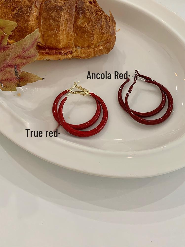Elegant Retro Hong Kong Style Angora Red Hoop Earrings for Women