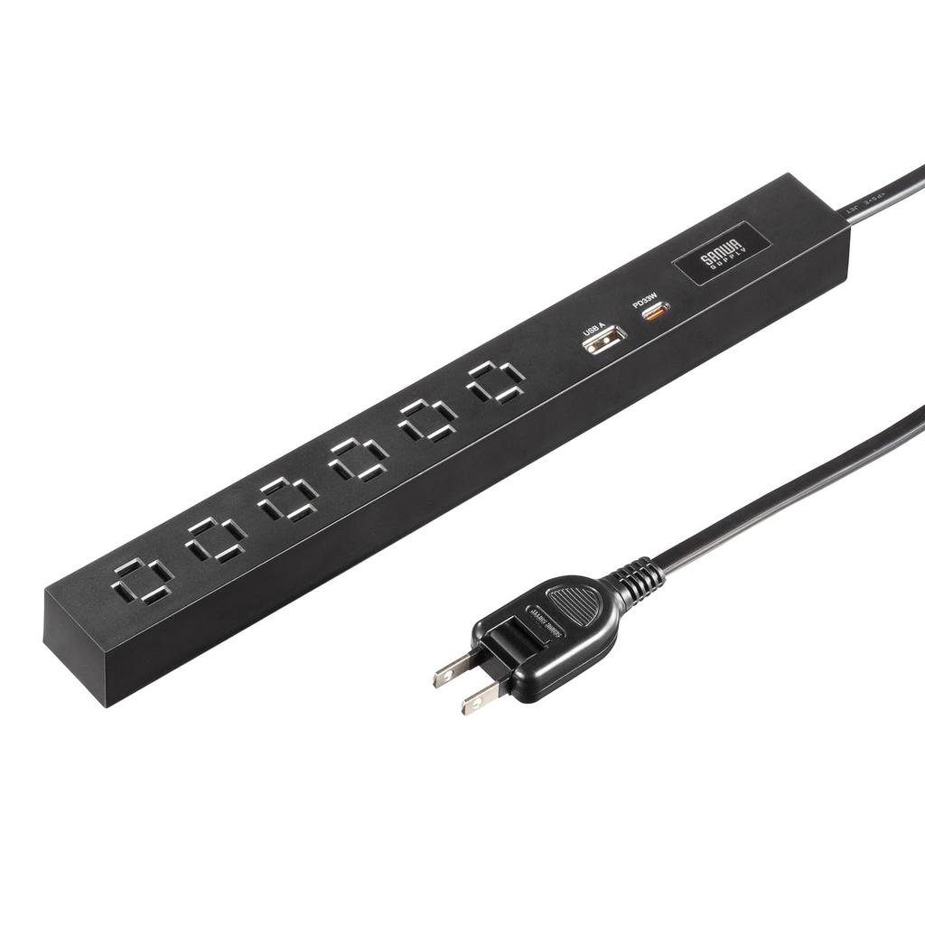 Sanwa Supply Slim Tap AC (6 Outlets, A1+C1, PD33W, 3m, Black) TAP-SLIM6UC-3BK