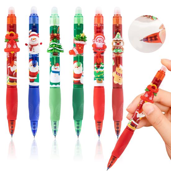 6 Stück Weihnachten Radierbare Gelstifte Niedliche Einziehbare Blaue Tintenstifte mit 0,5 mm Feiner Spitze Cartoon Schulbürobedarf