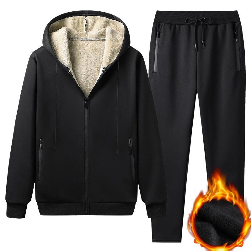 Fashion Warm Trousers Suit Lamb Velvet Men's Suit Thickened Solid Color Long-sleeved Hooded Casual