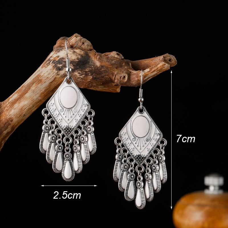 Ethnic Style Drop Oil Rhombus Earrings for Women Vintage Elegant Silver Color Metal Water Drop Earring Female Jewelry