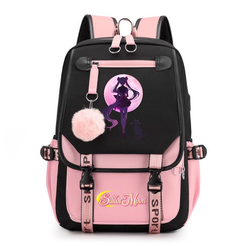 Sailor Moon Cute Anime Printed Student School Bag USB Interface Large Capacity Canvas Bag Computer Bag
