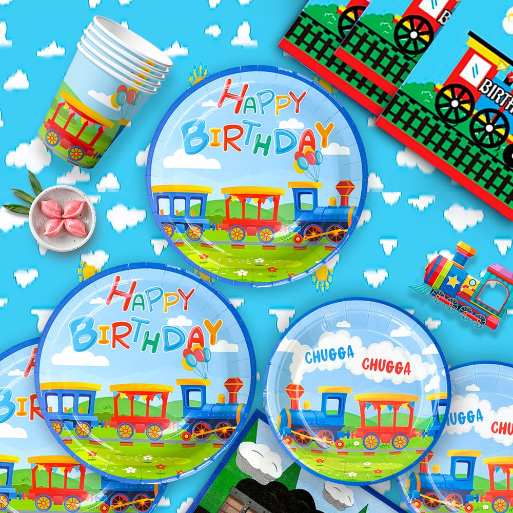 128pcs Train Birthday Party Supplies, Train Party Decorations Tableware Set - Train Plates and Cups Napkins & Train Birthday Banner Tablecloth etc