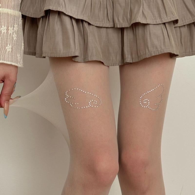Women's Sweet Ultra-Thin Sheer Pantyhose Stockings Aesthetic Glittering Rhinestones Wing See-Through Tights Leggings