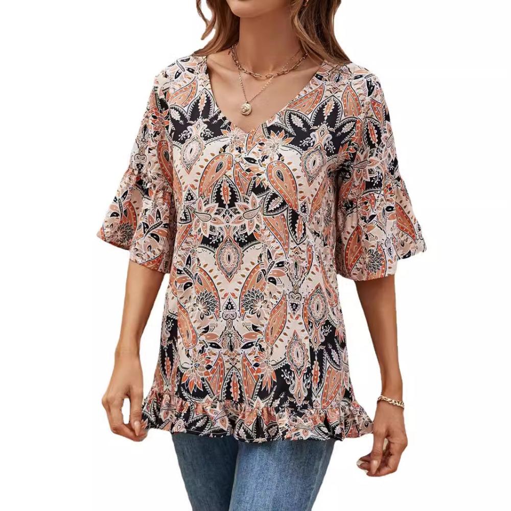2025 Summer New European and American Shirt V-neck Printed T-shirt Casual Trumpet Sleeve Top
