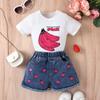 Conjunto de Verano para Niñas, Pulóver Estampado de Color Sólido de Manga Corta y Pantalones Cortos