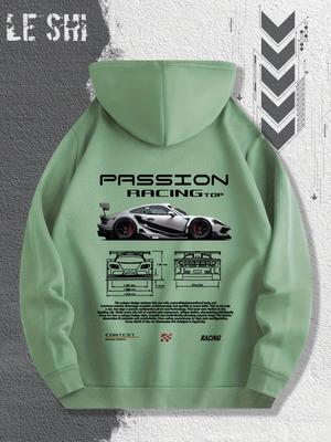 Sudadera con Capucha Gráfica Apasionada de Carreras para Hombre con Ilustraciones de Coches de Carrera y Deportivos, Perfecta para el Uso Diario