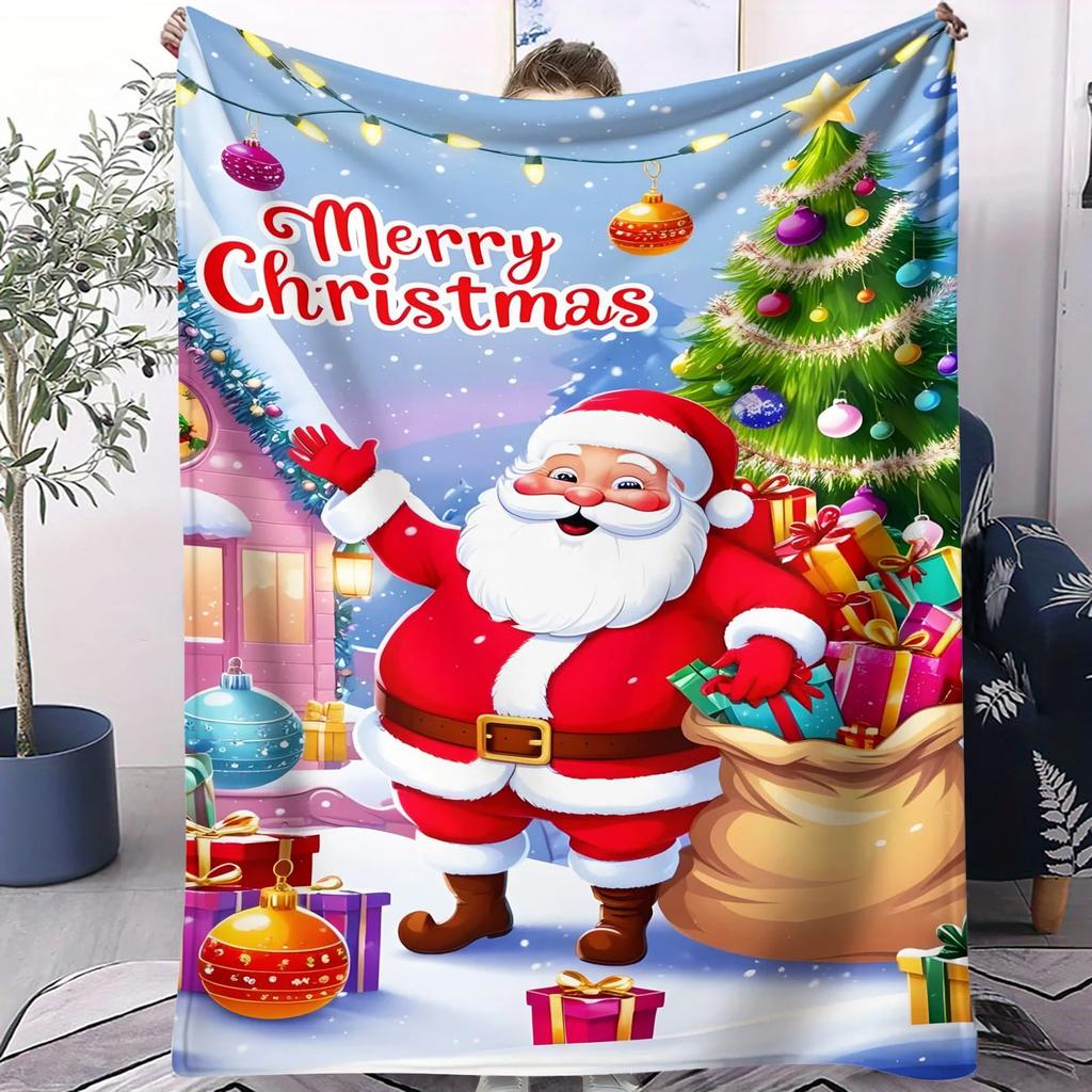 Christmas Flannel Blanket with Santa Reindeer Penguin Print Cozy Throw for Sofa Bedroom Camping Perfect Gift for Kids Couples