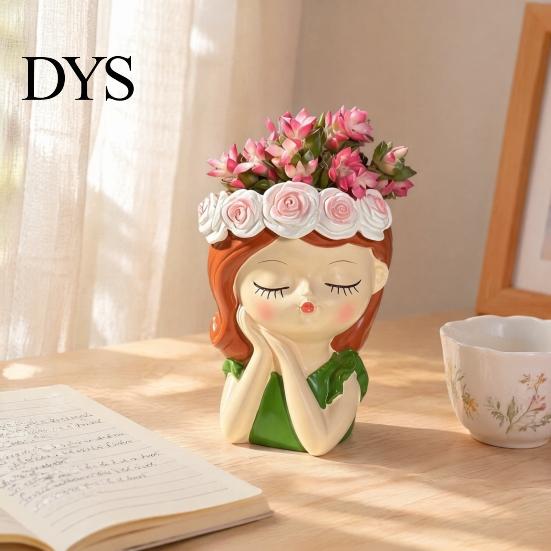 Decorazione per la Casa Fantasiosa Vaso in Resina per Ragazza Carina, Vaso a Forma di Testa con Ghirlanda di Rose, Fioriera da Scrivania Contenitore Decorativo per Piante Grasse Cactus