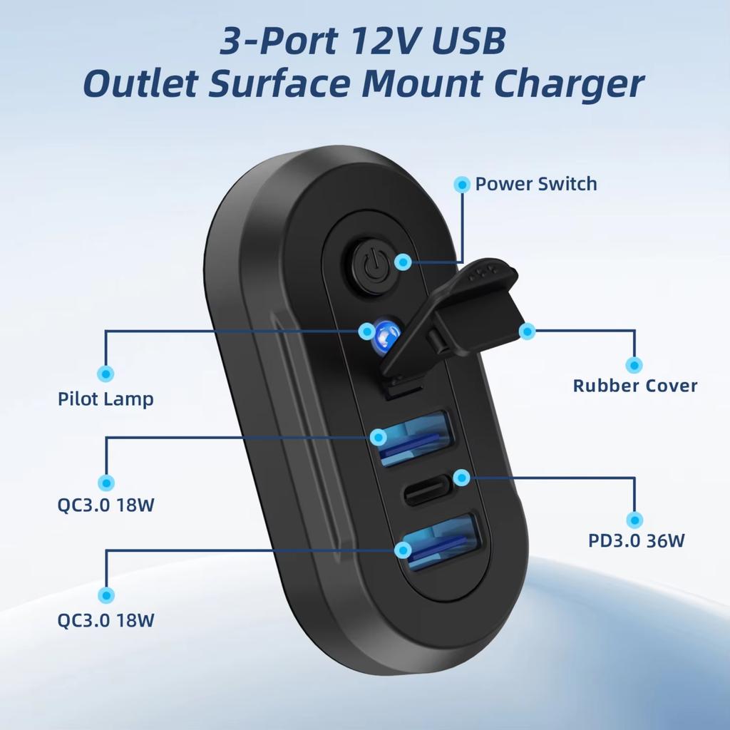 3-Ports USB Charger Socket Dual 18W QC3.0 36W PD3.0 12/24V Car Bus Boats Vehicle Universal Waterproof Charger Power Adapter