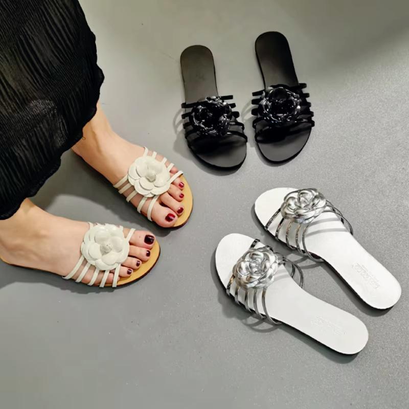 Comfortable Flower Design Narrow Strap Ladies Slippers 2025 Summer Beach Sweet Flat Casual Shoes Women Pumps Zapatos De Mujer