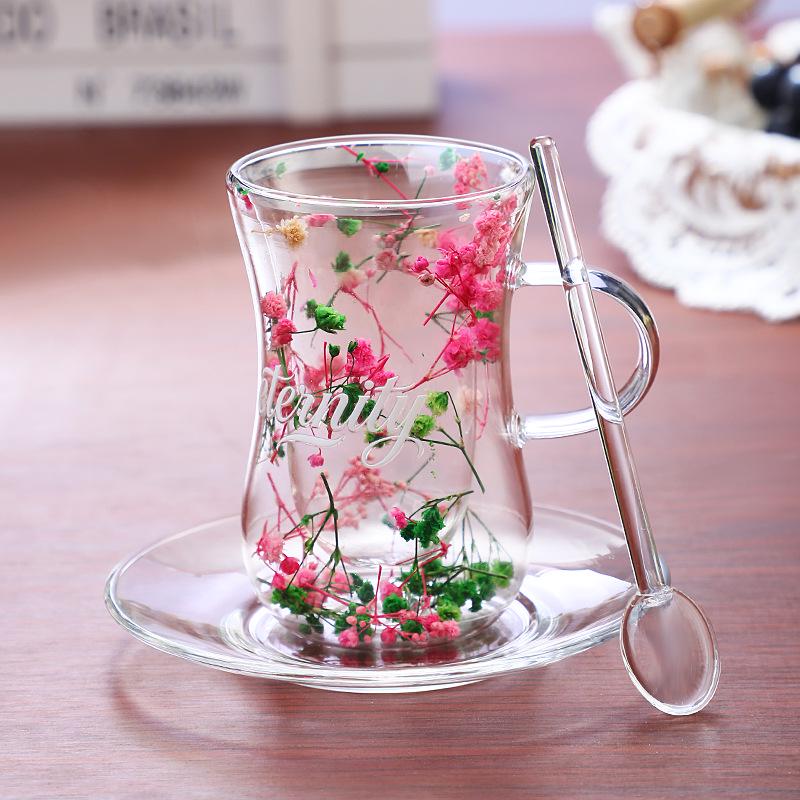 Dried Flower Body-Shaping Double-Walled Glass Cup with Handle and Heat Insulation for Coffee, Milk, or Juice