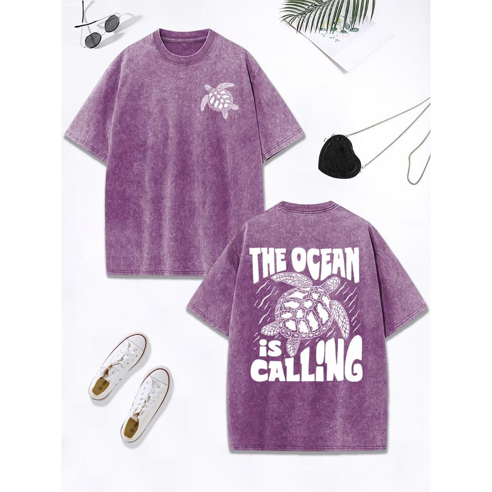 

Морская черепаха Зов океана Принт Выстиранная футболка Женская Хлопок Оверсайз Топы Круглый вырез Удобные футболки Одежда 3XL