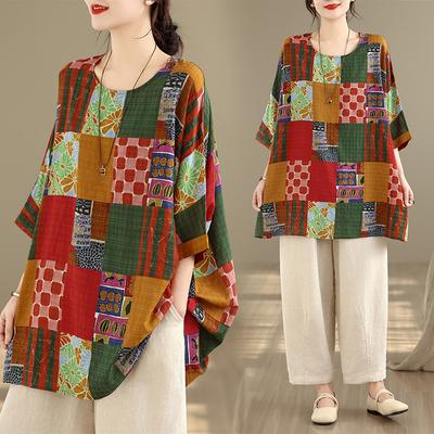 DIMANAF Tamanho Plus Nova Camiseta de Verão Feminina Estampa de Flores Solta Casual Gola O Tops Femininos Camisetas Oversize 2026