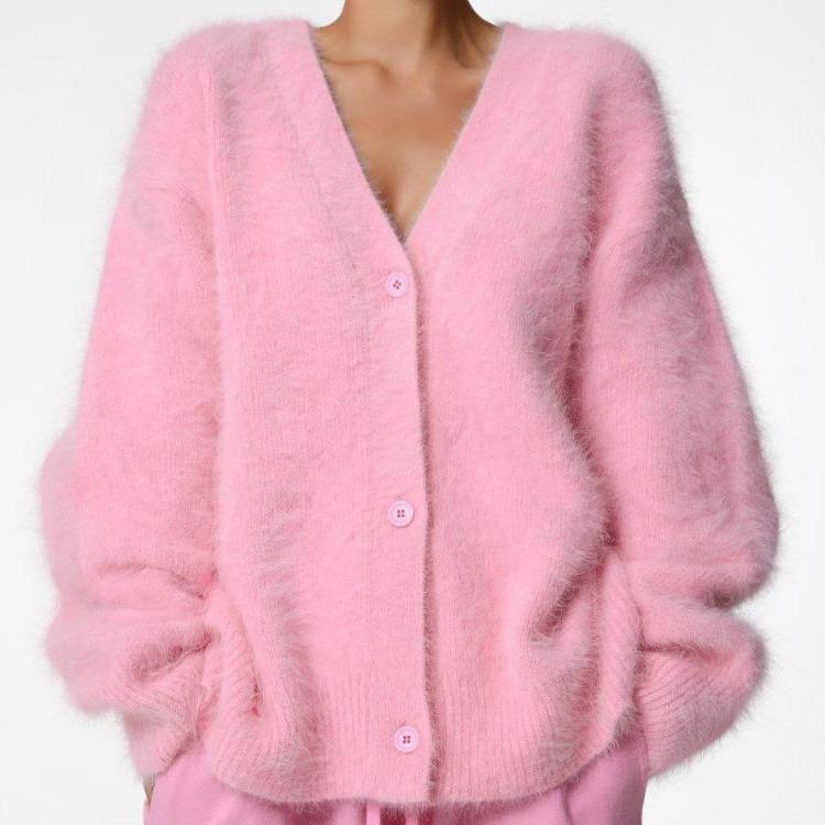 Women Mink Knitted Sweater Solid Color Cardigan Loose V Neck for Autumn Winter