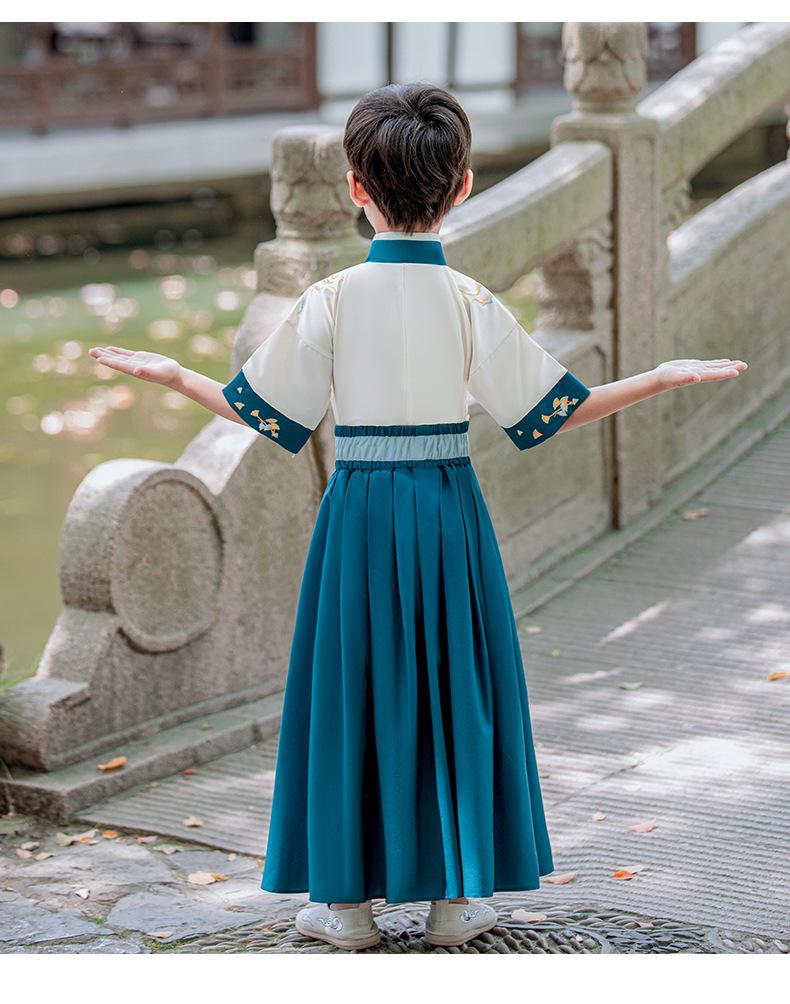 Lato 2024 Dziecięce Hanfu: Zestaw w stylu starożytnym - Garnitur Tang dla chłopców z krótkim rękawem - Strój młodego mistrza do studiów chińskich