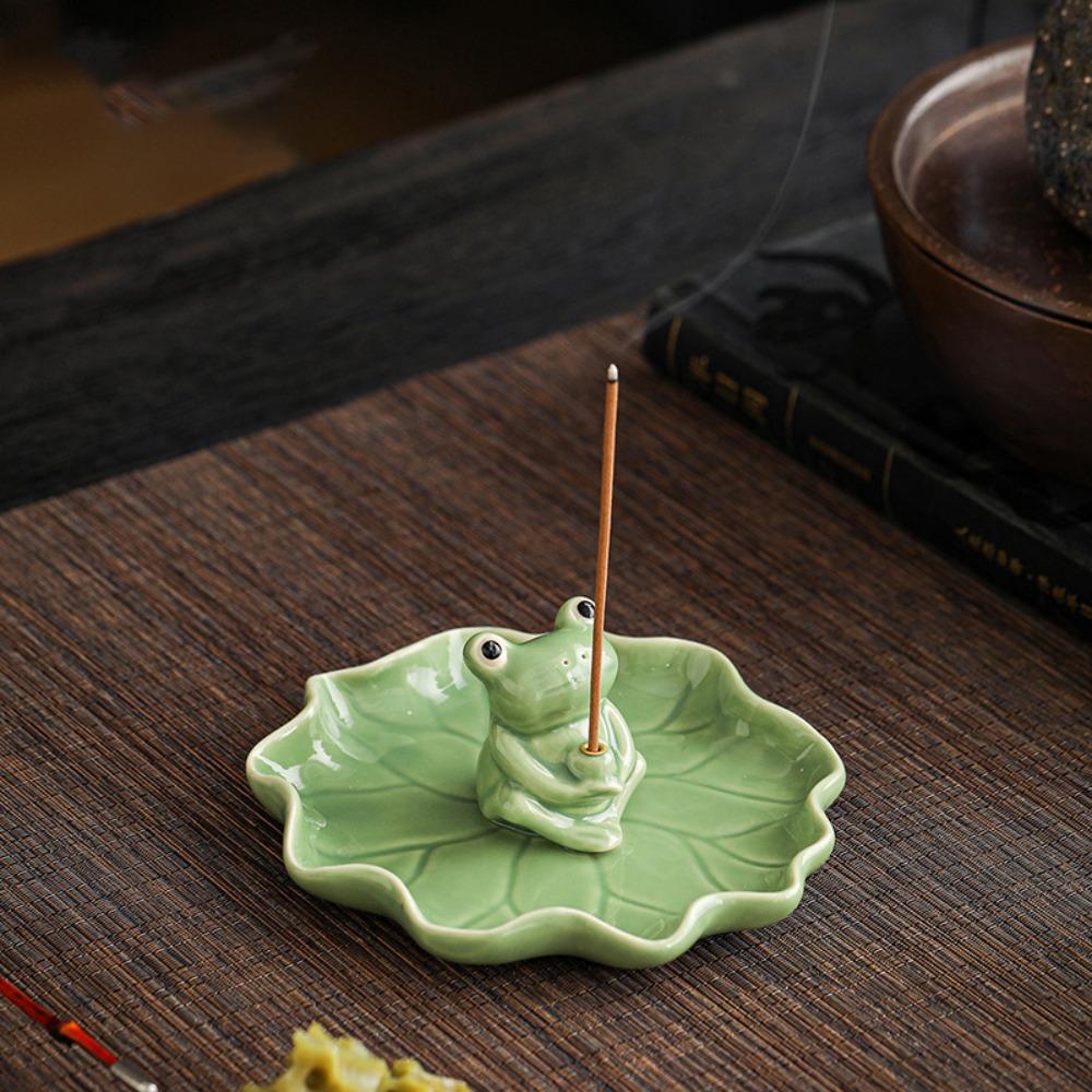 Creative Frog Lotus Ceramic Incense Holder with Lotus Leaf Tray Ash Catcher Zen Incense Burner Incense Stick Holder Home Decor