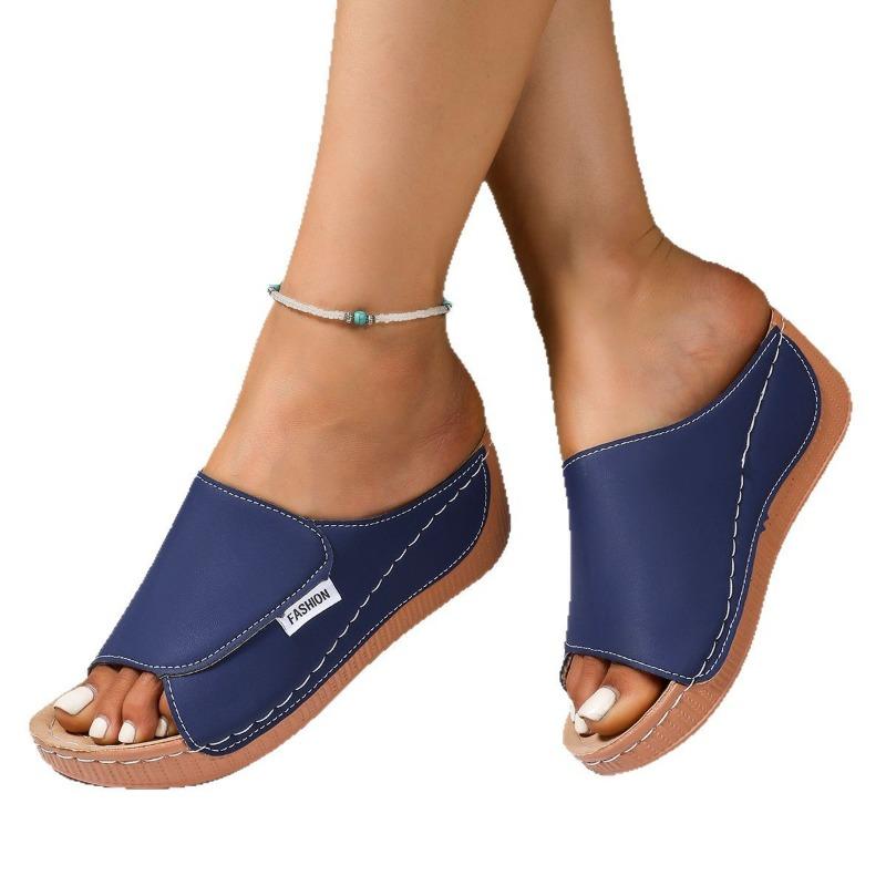 Large size slope heel casual slippers women's shoes summer new wide strip simple fashion fish mouth slippers women