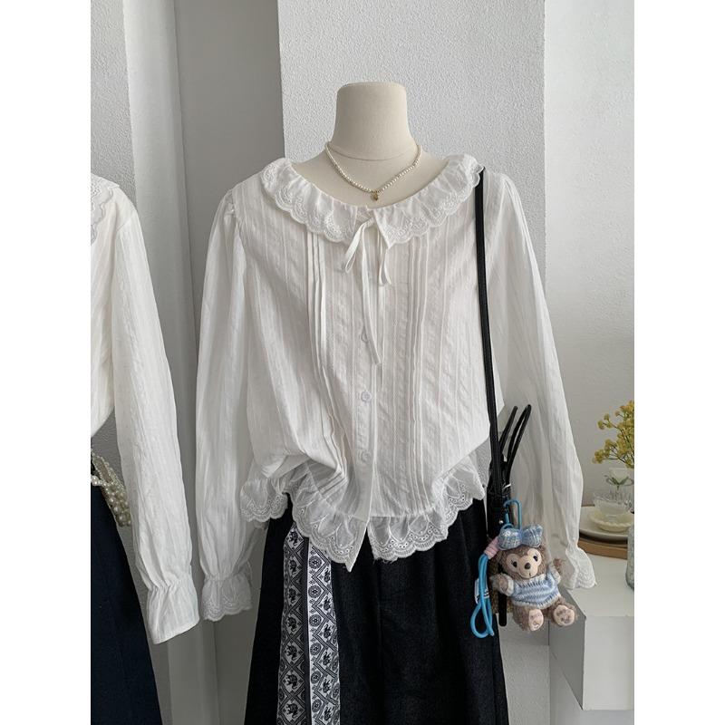 Spring Autumn Polo-neck Sweet Single Breasted Shirt Women Long Sleeve Casual White Cotton Blouse Cardigan Top