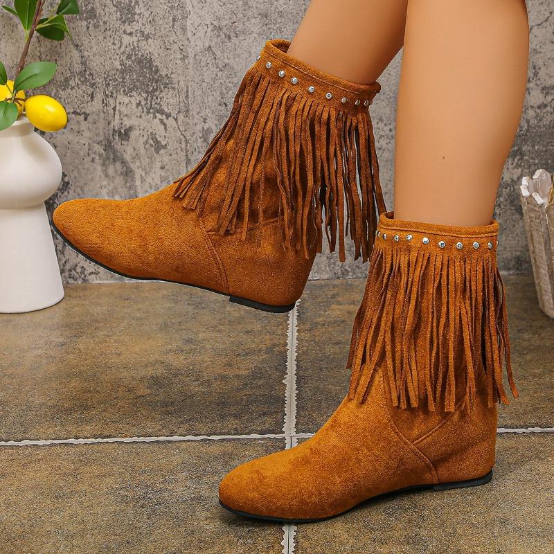 New Large-sized Shoes, Rivet Boots, Women's Round-toed Insole Height-increasing Thin Mid-calf Boots