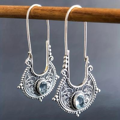 Bohemian Ethnic Style Blue Synthetic Zirconia Dangle Earrings for Women Vintage Silvery Plated Gorgeous Jewelry Accessories Gift