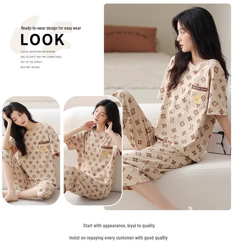 Women's Summer Plaid Capri Pants and Short-Sleeve Top Set - Plus Size Literary Style Homewear