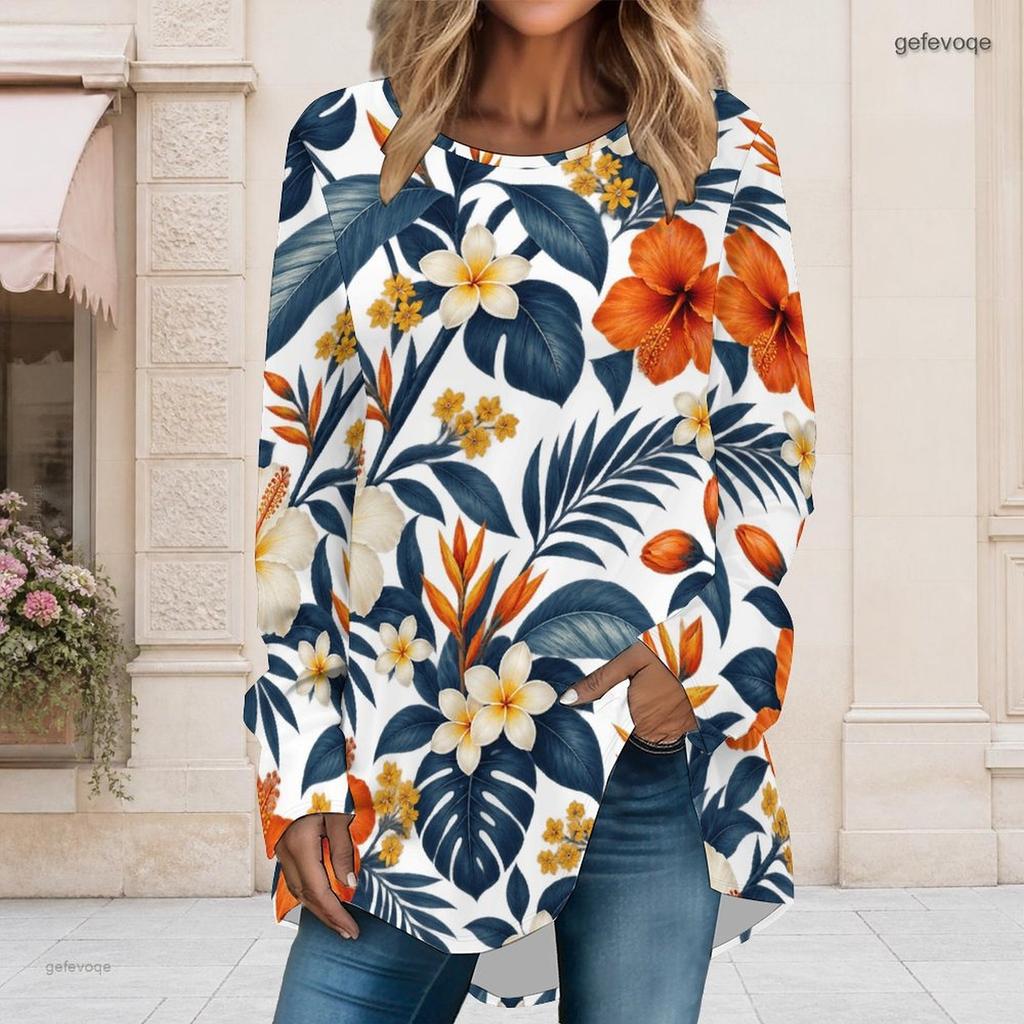 Women Plus Size Round Neck Long Sleeve Tropical Leaf Floral Printed Loose High Low Hem T Shirt