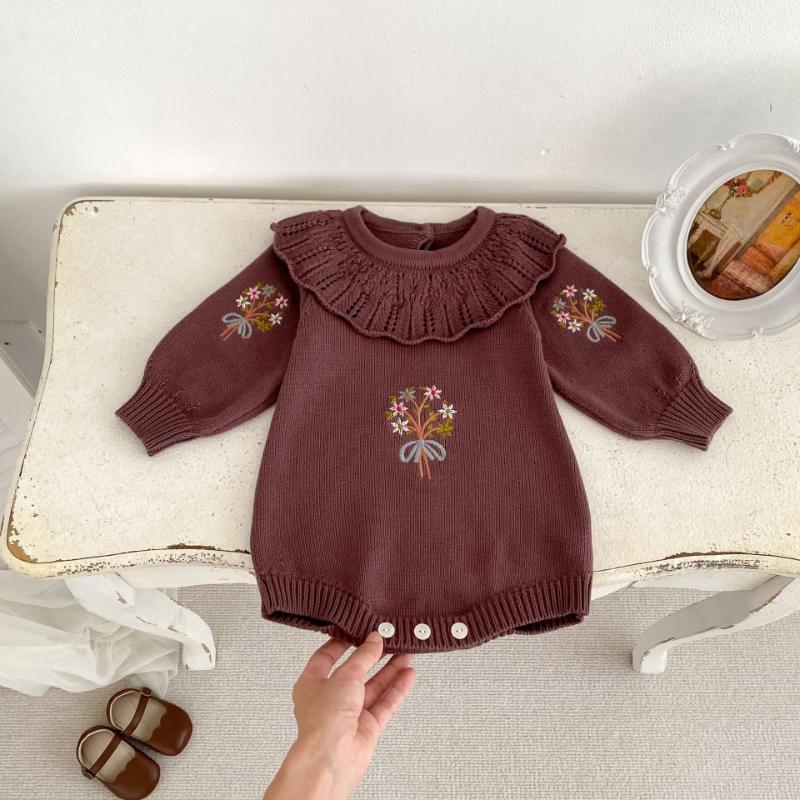 KAYOUDOU Baby Girl Ruffle Collar Embroidered Long Sleeve Romper 66cm