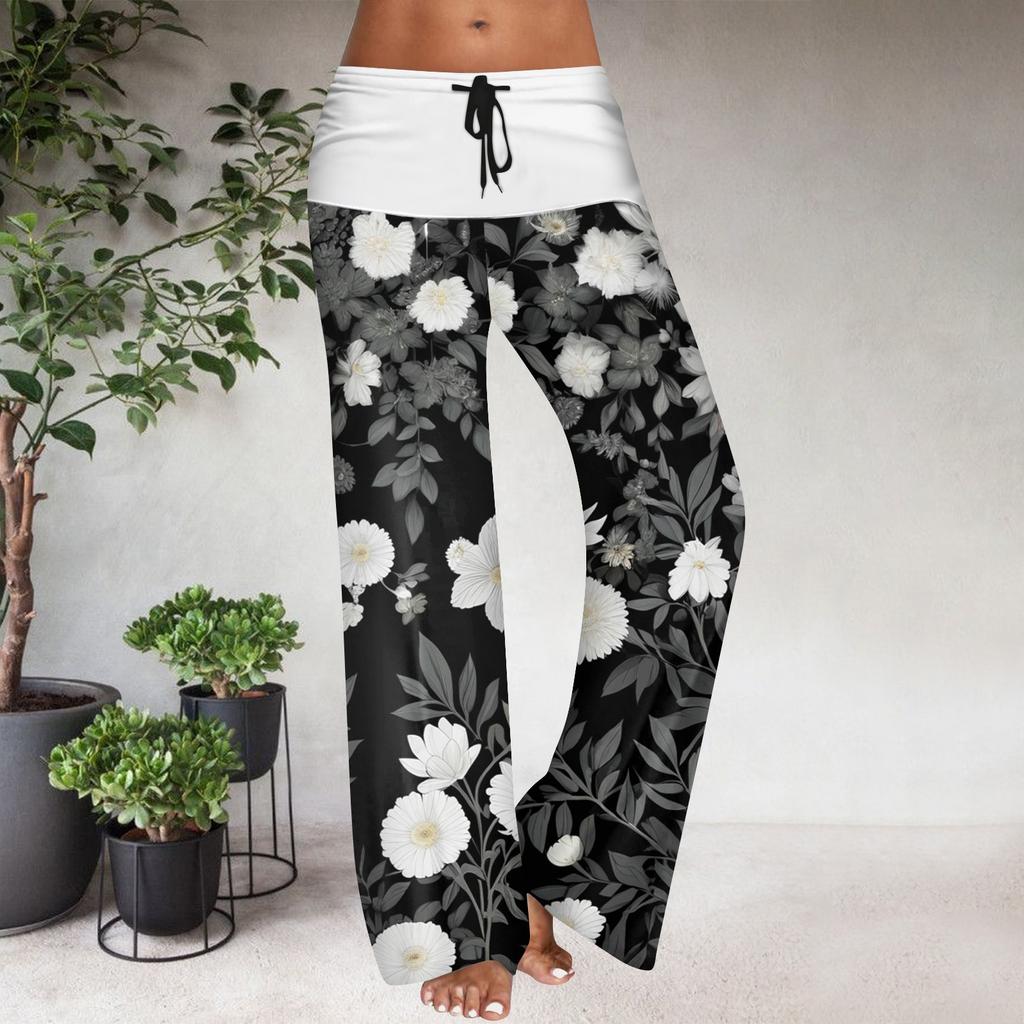 Pantaloni Casual Largi cu Talie Elastică cu Șnur pentru Femei, cu Imprimeu Floral și Blocuri de Culoare