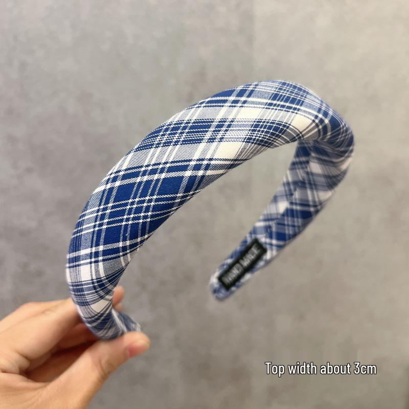 Blue Striped Plaid High Crown Headband - Versatile Preppy Style Accessory