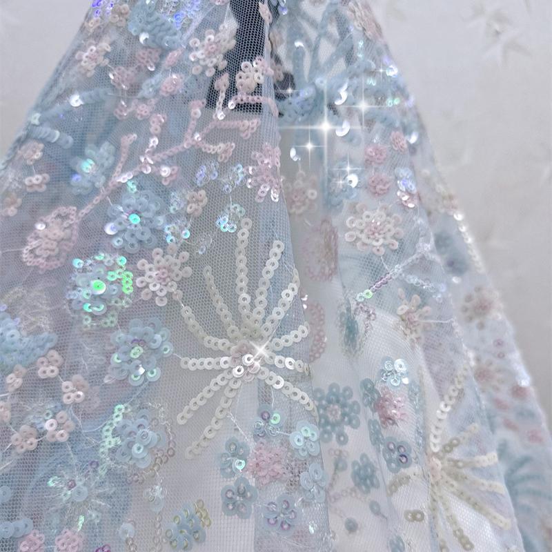 1/2/3yards Sequin Embroidered Lace Fabric Colorful Branches Butterfly Blue Snowflake Sequin Heavy Embroidery Tulle Fabric