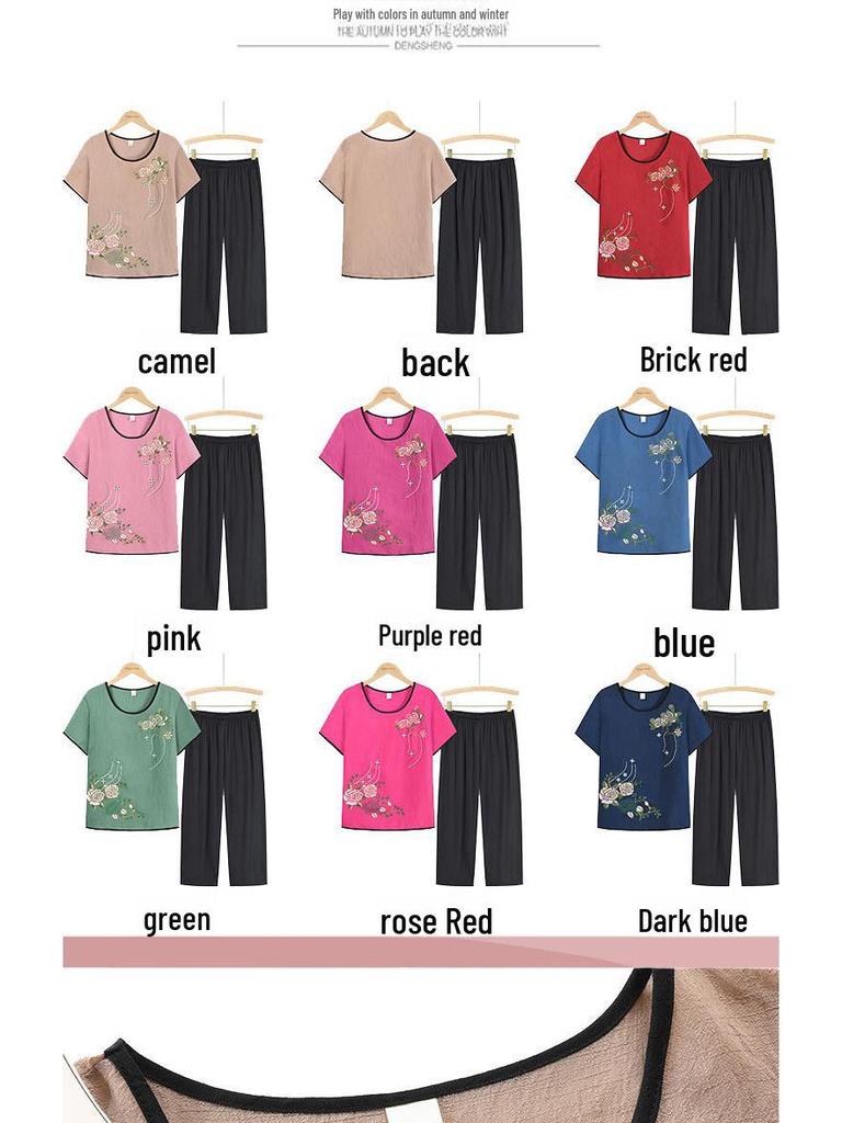 Sommer Baumwoll- & Leinenanzug für 60-70-jährige Frauen: Omas lockerer Pyjama-Satz mit kurzärmeligem T-Shirt