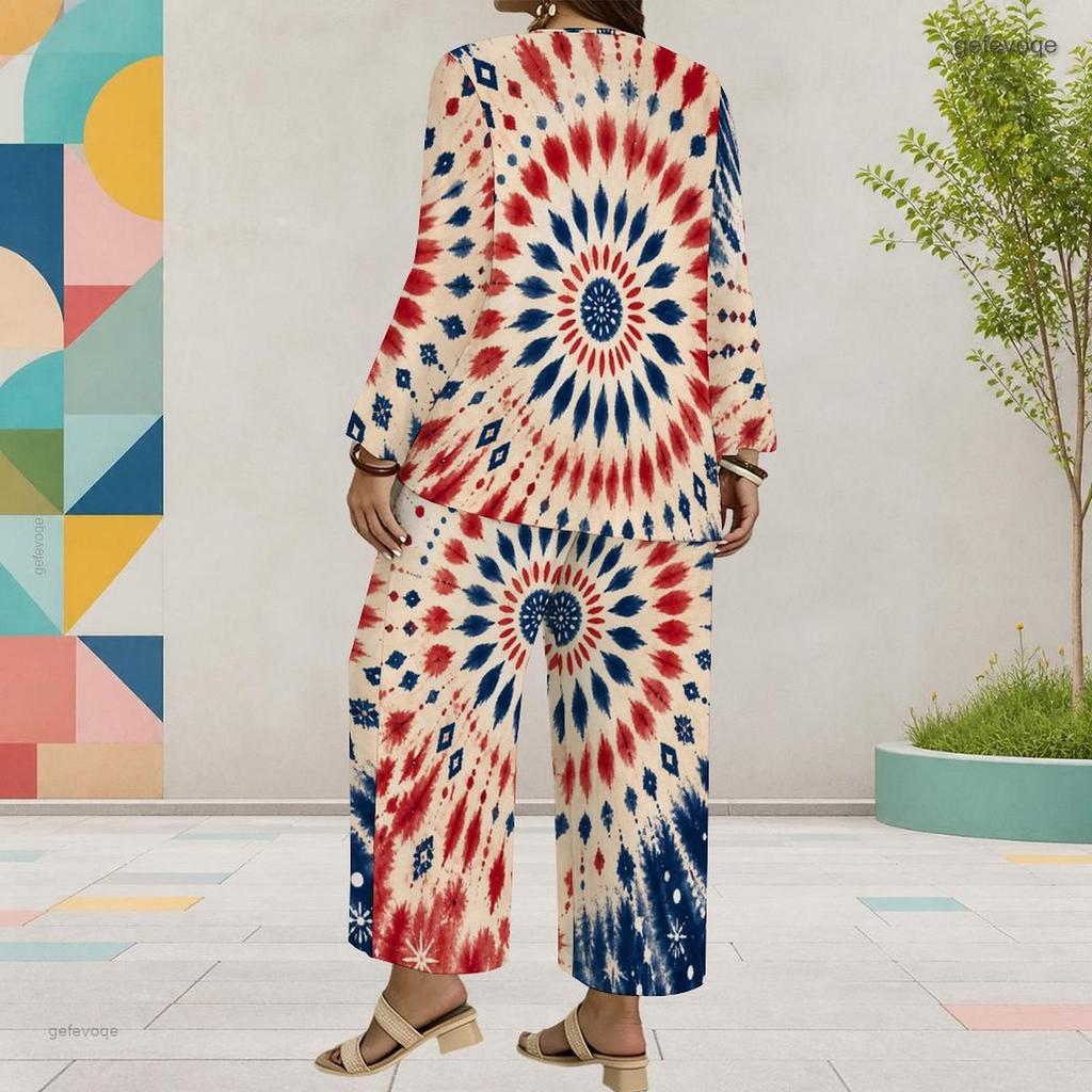 Women Plus Size Dark Navy Printed Two Piece Set Round Neck Long Sleeve Top Wide Leg Cropped Pants