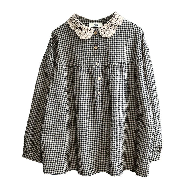 Camicie casual a maniche lunghe da donna, stile semplice primaverile, colletto in pizzo, vintage, a quadri, larghe, in cotone