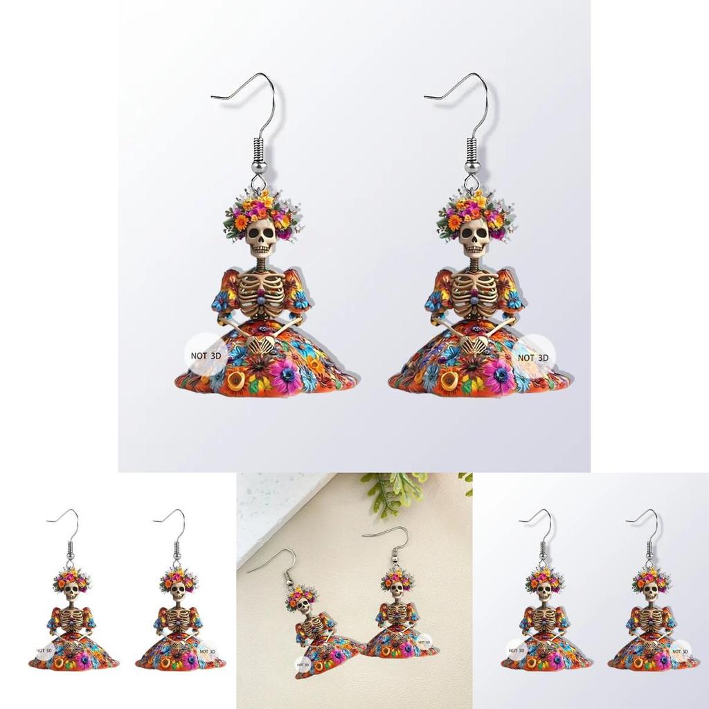 Halloween Flower And Skull Pattern Women Earrings For Party And Holiday Wear