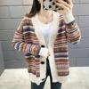 Plus-size Jacket Female Spring and Fall Striped Versatile Casual Knitted Cardigan Comfortable Elastic Loose Jacket