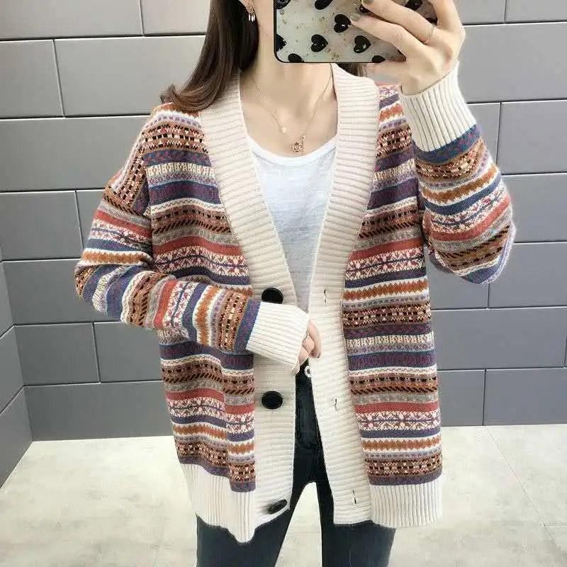 Plus-size Jacket Female Spring and Fall Striped Versatile Casual Knitted Cardigan Comfortable Elastic Loose Jacket