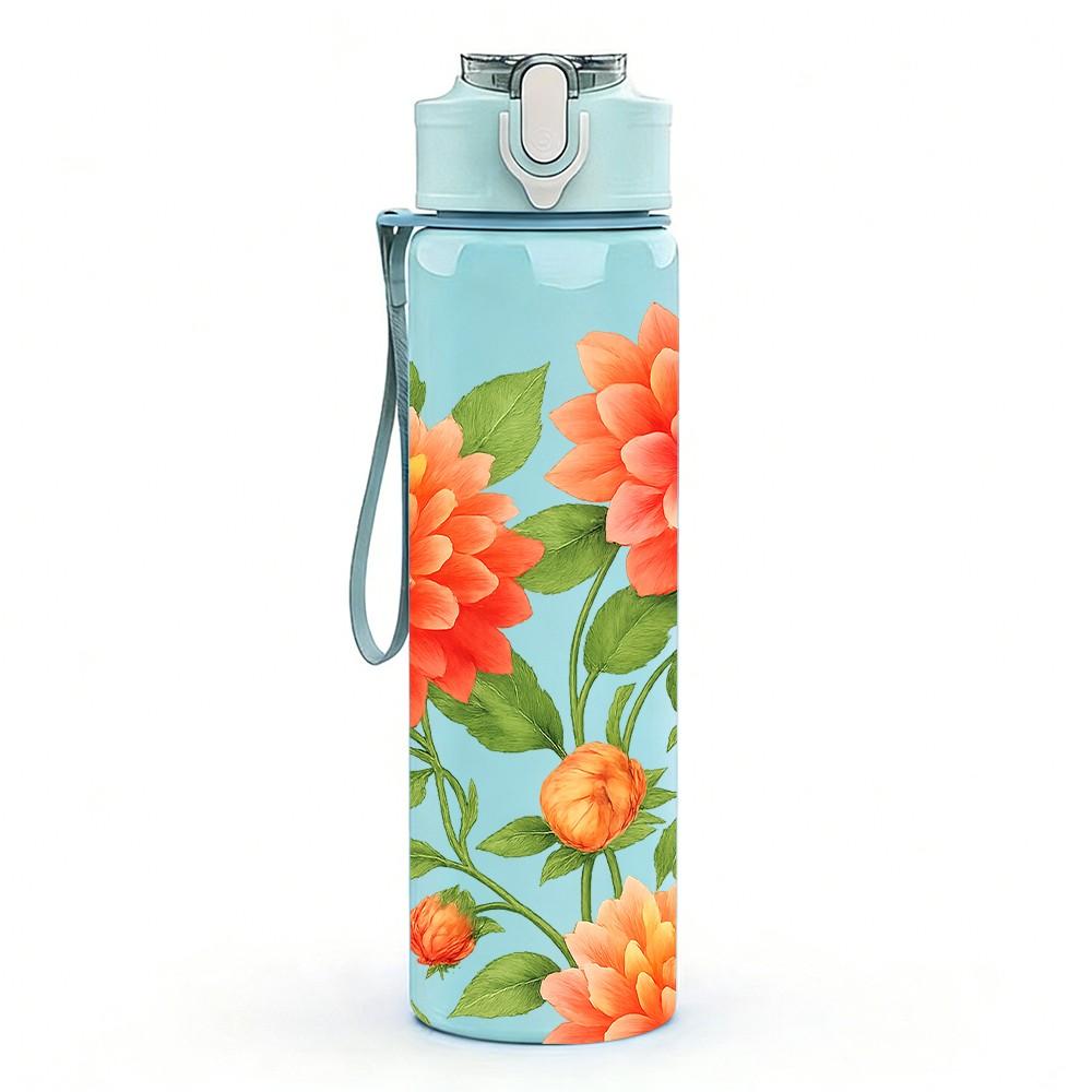 1PC Bright Orange Red Peony Flower Print 750ml Color Plastic Sports Water Bottle Leakproof Flip Straw Lid Suitable for Sports Office Home Use