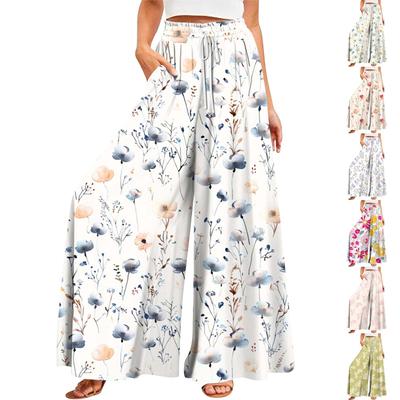 Damen Sommerhose mit weitem Bein, hoher Taille, fließende Taschen, modisch, lässig, lässig, Bohemian-Stil, bedruckt, Strandhose